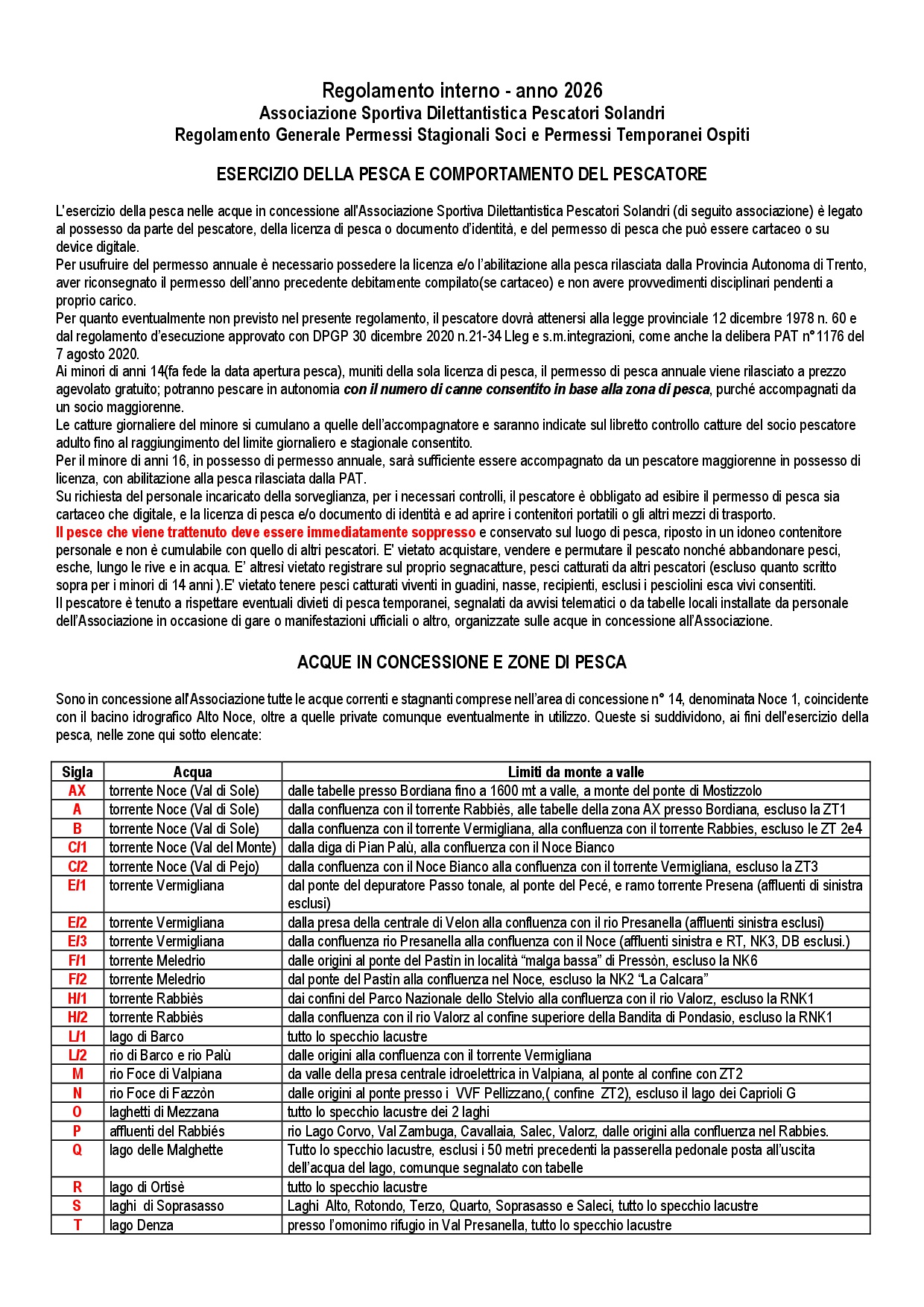 Regolamento di pesca generale AsdPS Val di Sole 2026 pubblicato sul sito 0001